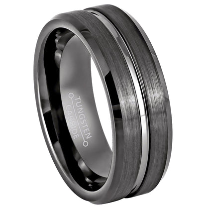 Jewelry Avalanche 8mm Beveled Grooved Center Gunmetal Tungsten Carbide Mens Wedding Band
