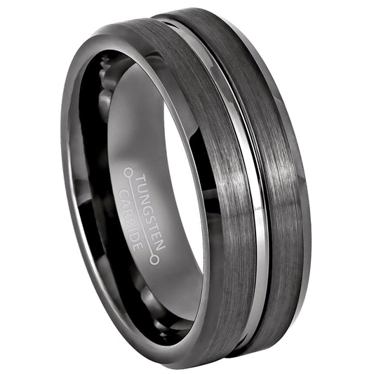 Jewelry Avalanche 8mm Beveled Grooved Center Gunmetal Tungsten Carbide Mens Wedding Band