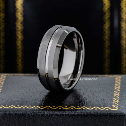 Jewelry Avalanche 8mm Beveled Grooved Center Gunmetal Tungsten Carbide Mens Wedding Band