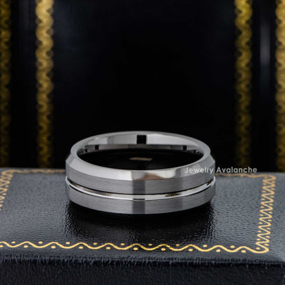 Jewelry Avalanche 8mm Beveled Grooved Center Gunmetal Tungsten Carbide Mens Wedding Band