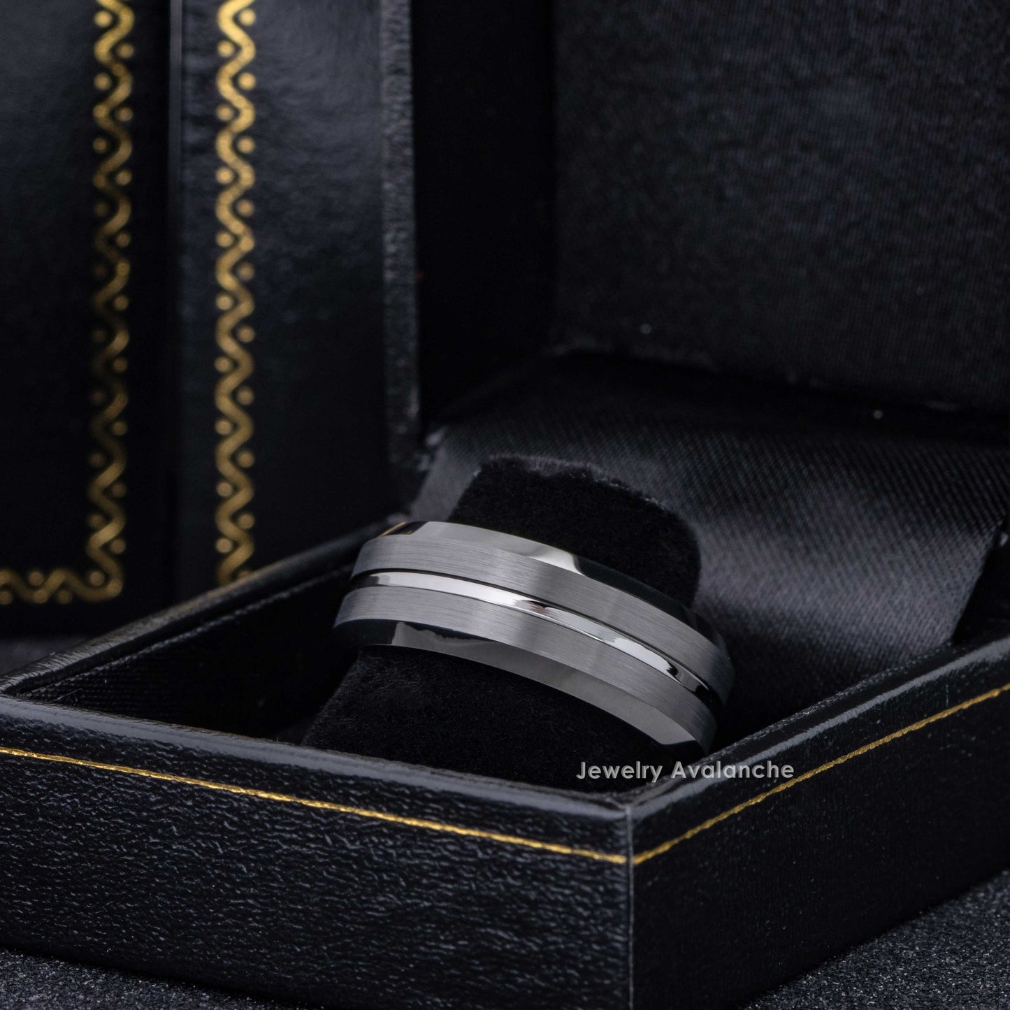 Jewelry Avalanche 8mm Beveled Grooved Center Gunmetal Tungsten Carbide Mens Wedding Band