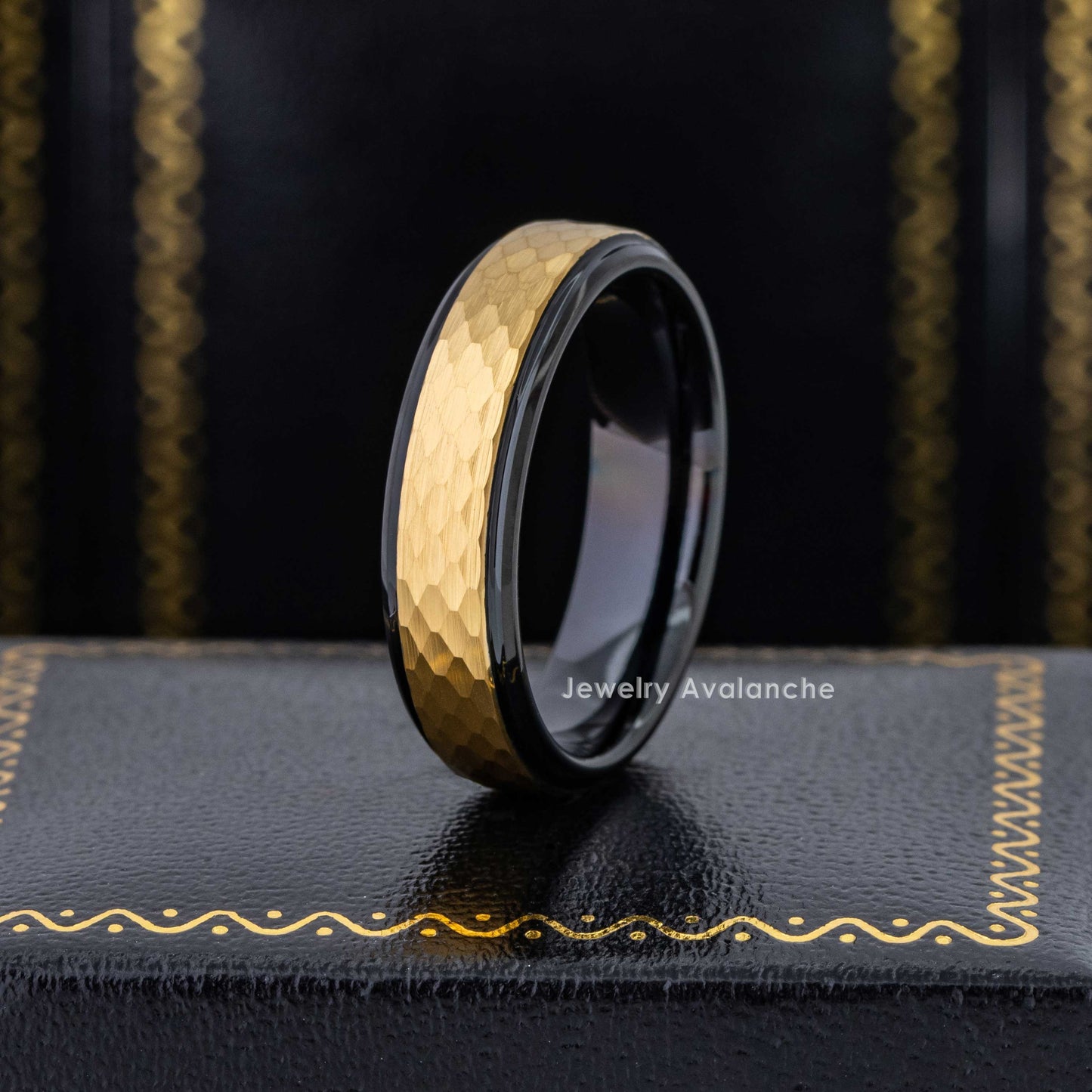 Jewelry Avalanche 6mm Stepped Black & Gold IP Hammered Tungsten Carbide Mens Womens Wedding Band