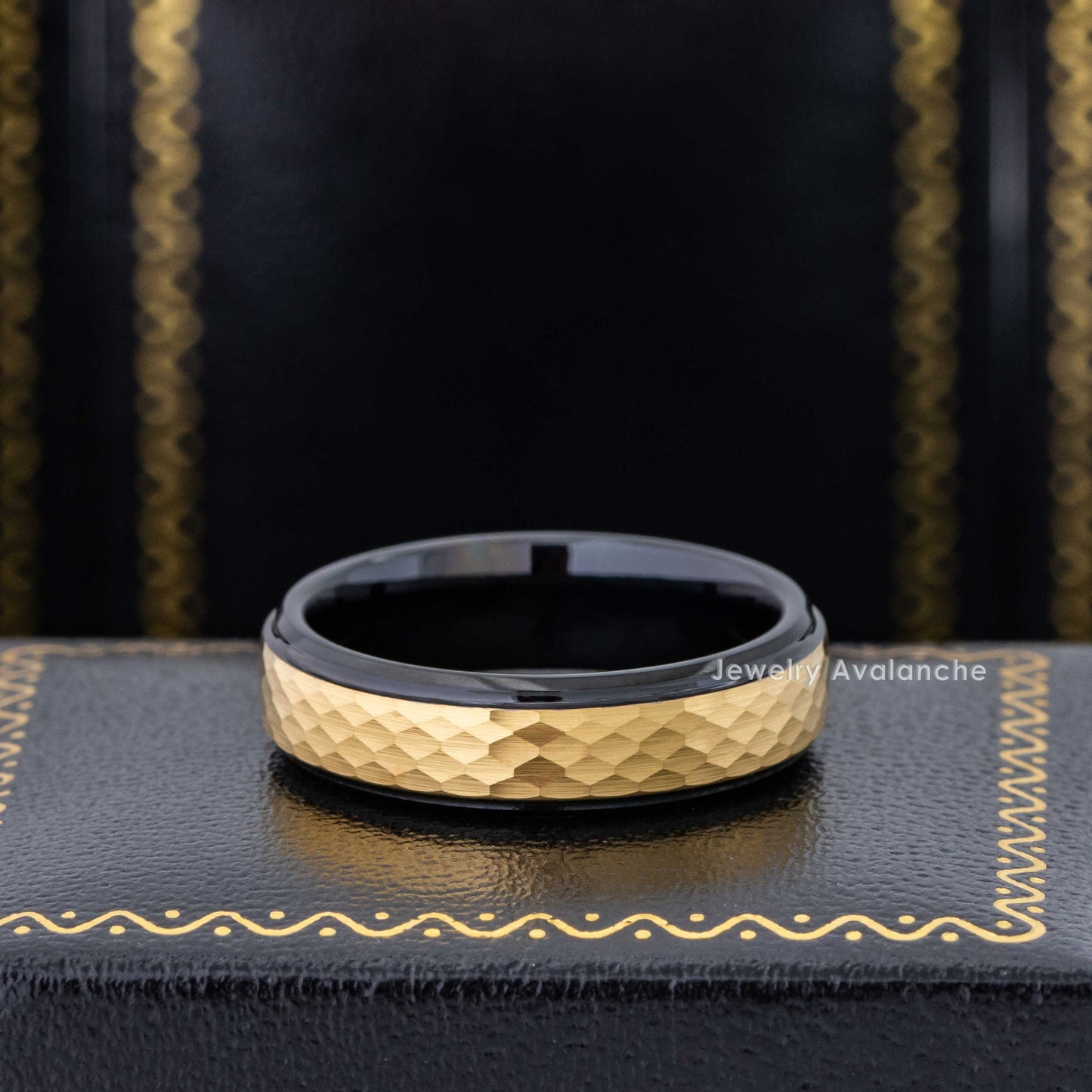 Jewelry Avalanche 6mm Stepped Black & Gold IP Hammered Tungsten Carbide Mens Womens Wedding Band