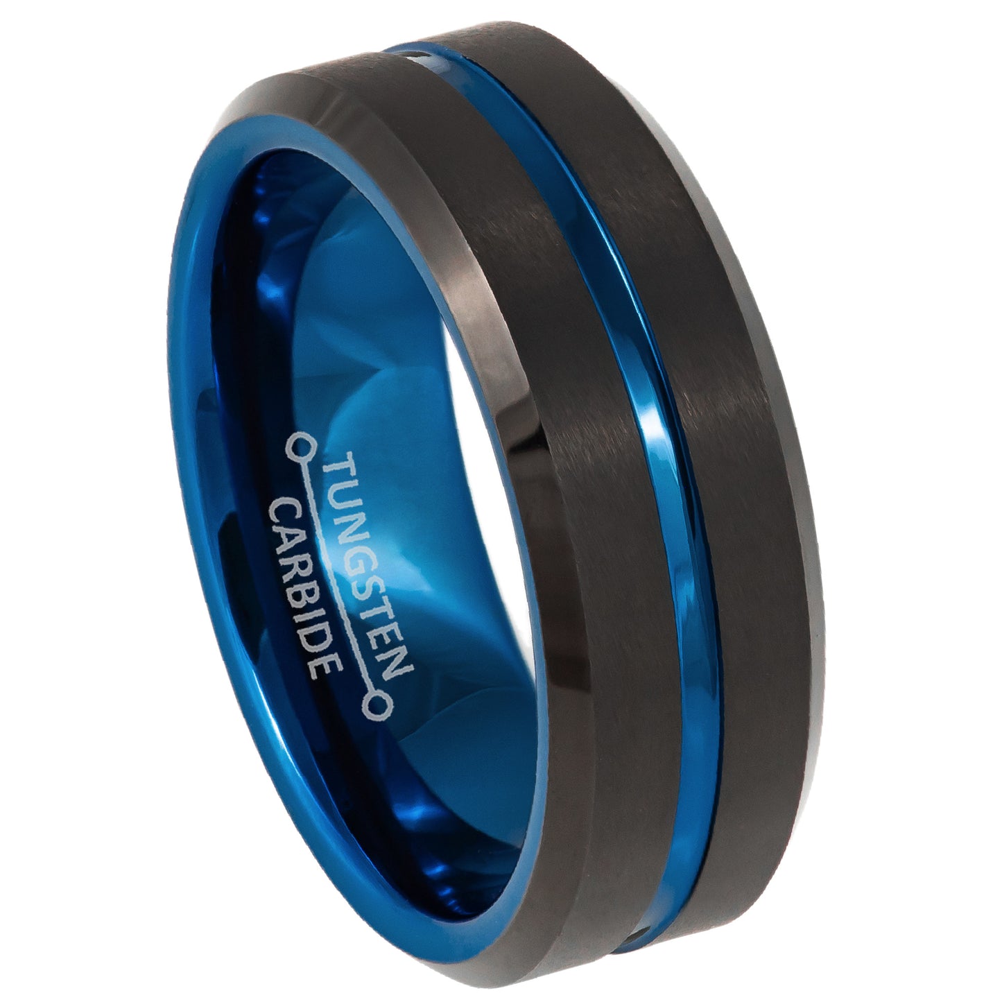 Jewelry Avalanche 8mm Beveled Blue & Black IP Grooved Center Tungsten Carbide Mens Wedding Band