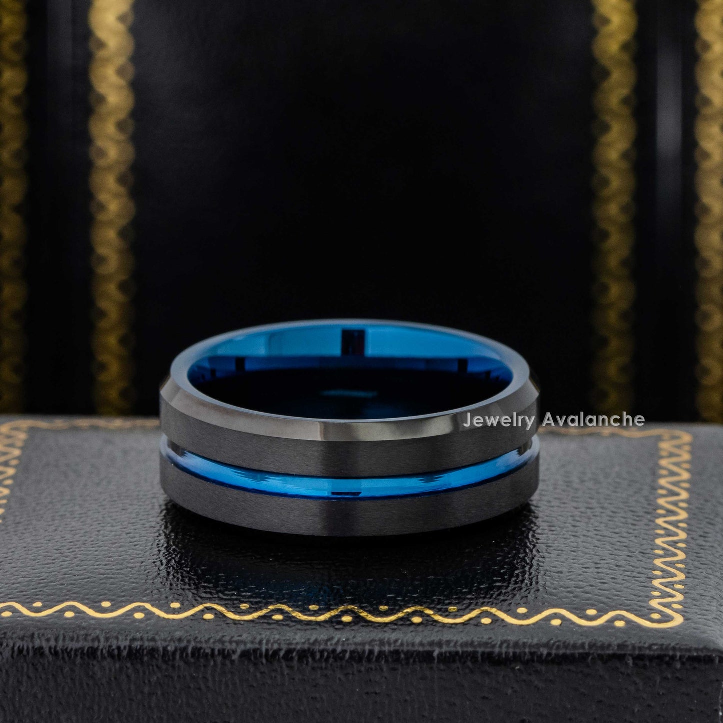 Jewelry Avalanche 8mm Beveled Blue & Black IP Grooved Center Tungsten Carbide Mens Wedding Band