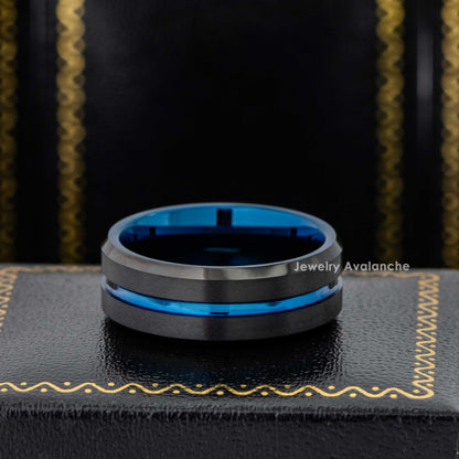 Jewelry Avalanche 8mm Beveled Blue & Black IP Grooved Center Tungsten Carbide Mens Wedding Band