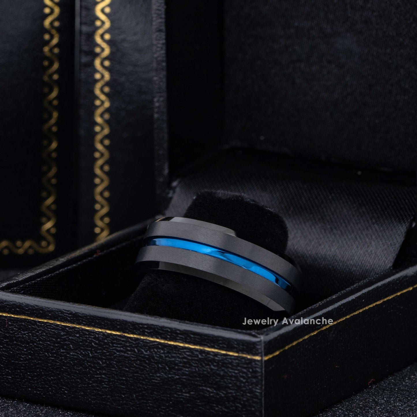 Jewelry Avalanche 8mm Beveled Blue & Black IP Grooved Center Tungsten Carbide Mens Wedding Band