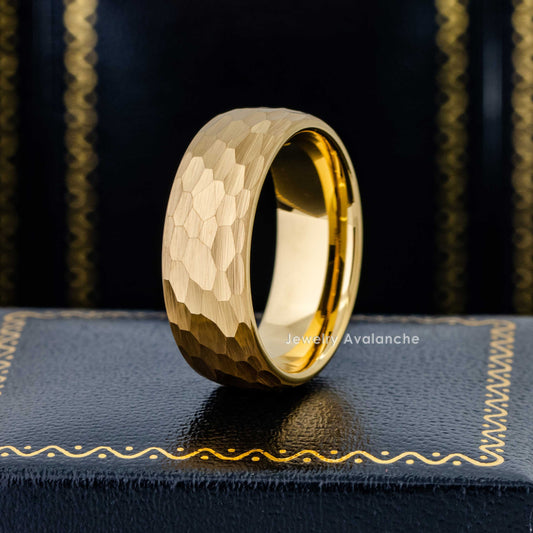 Jewelry Avalanche 8mm Dome Gold IP Hammered Tungsten Carbide Mens Wedding Band