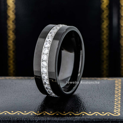 Jewelry Avalanche Mens Black Pipe Cut Tungsten Carbide CZ Eternity Wedding Band, Comfort-fit, 8mm