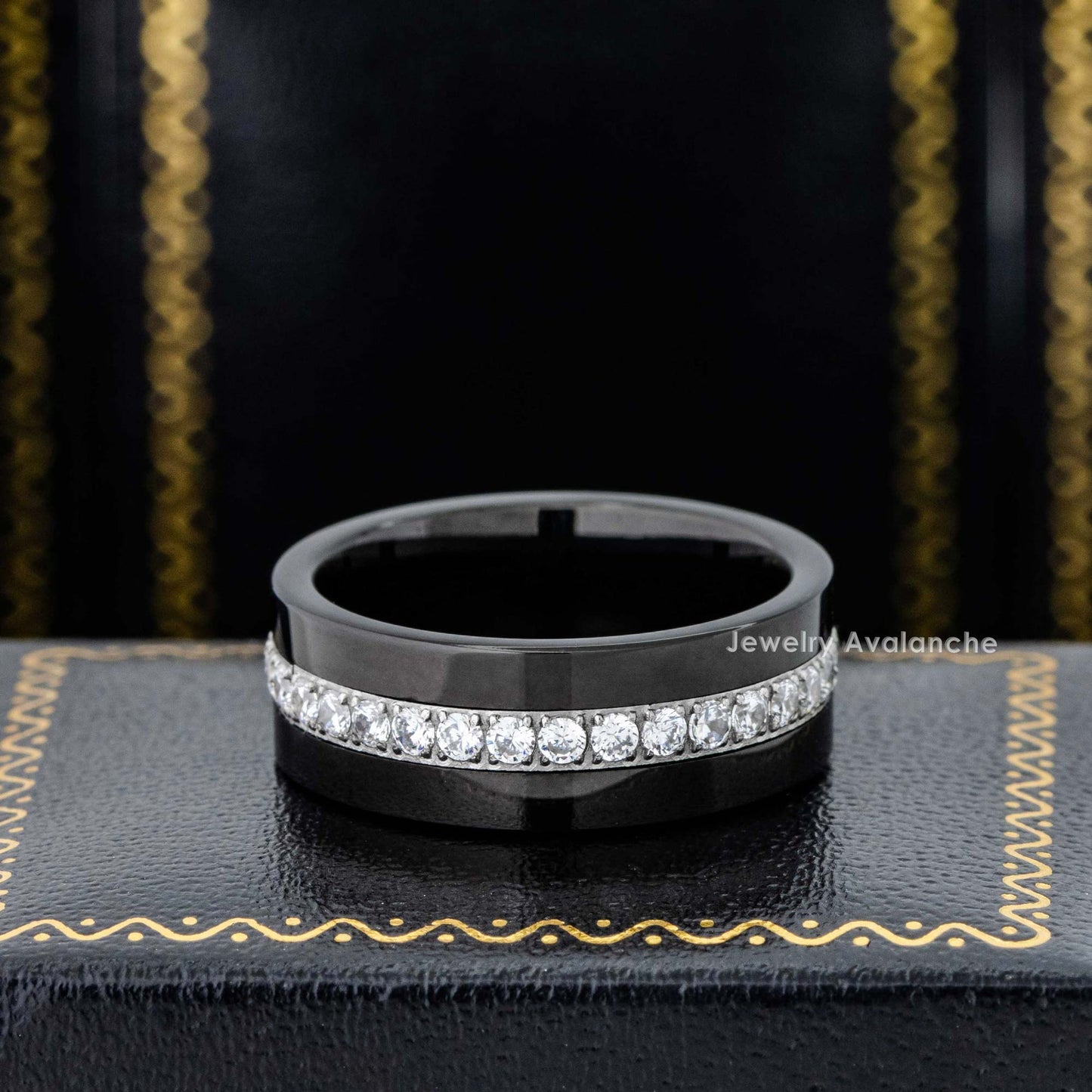 Jewelry Avalanche Mens Black Pipe Cut Tungsten Carbide CZ Eternity Wedding Band, Comfort-fit, 8mm