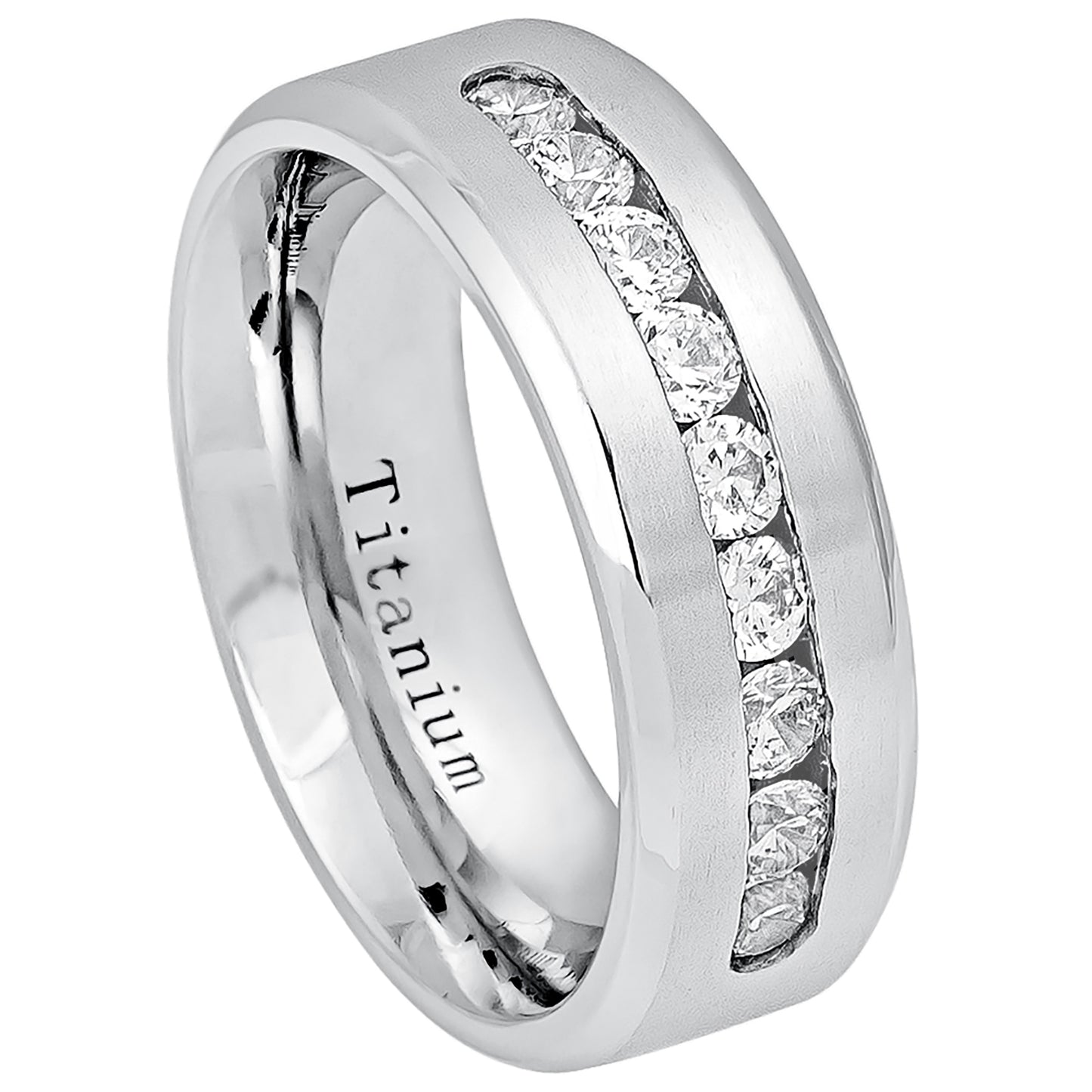 Jewelry Avalanche Mens White Titanium Wedding Band Channel Set 9-CZ Accent, Comfort-fit, 8mm