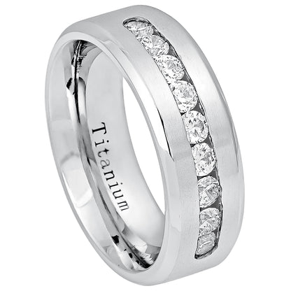 Jewelry Avalanche Mens White Titanium Wedding Band Channel Set 9-CZ Accent, Comfort-fit, 8mm