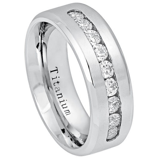 Jewelry Avalanche Mens White Titanium Wedding Band Channel Set 9-CZ Accent, Comfort-fit, 8mm